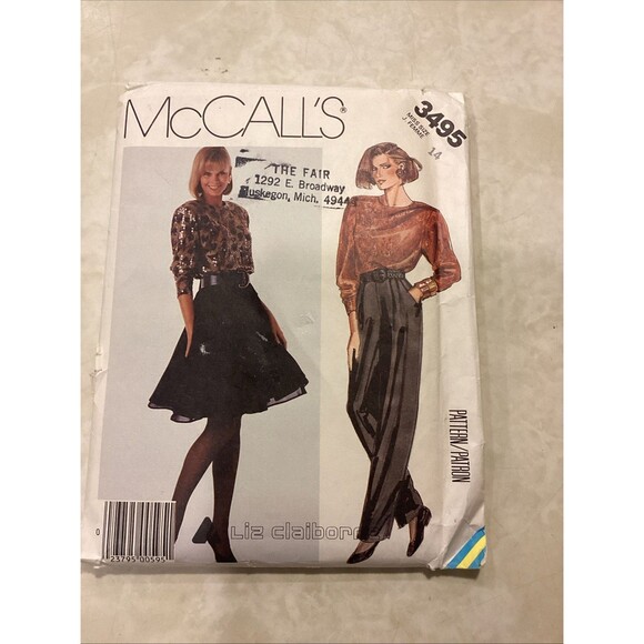 Vtg Mccalls 3495 Liz Claiborne Pleated Pant Top Skirt 1987 Uncut Complete FF 14 - Picture 1 of 10